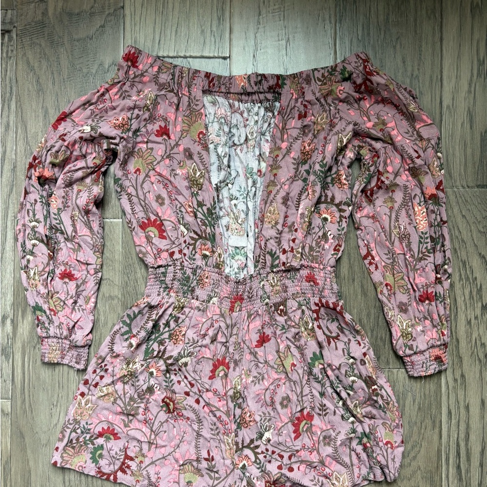 Free People Floral Flow Short Romper Off the Shoulder - Pink and Green - Picture 4 of 7